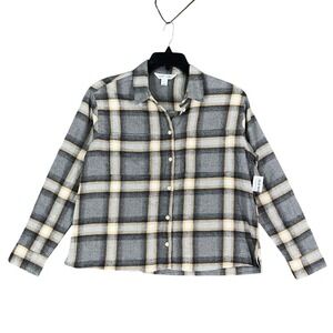 Old Navy Shirt Womens Medium Boyfriend Flannel Hi Hip Plaid Casual Cotton Gray